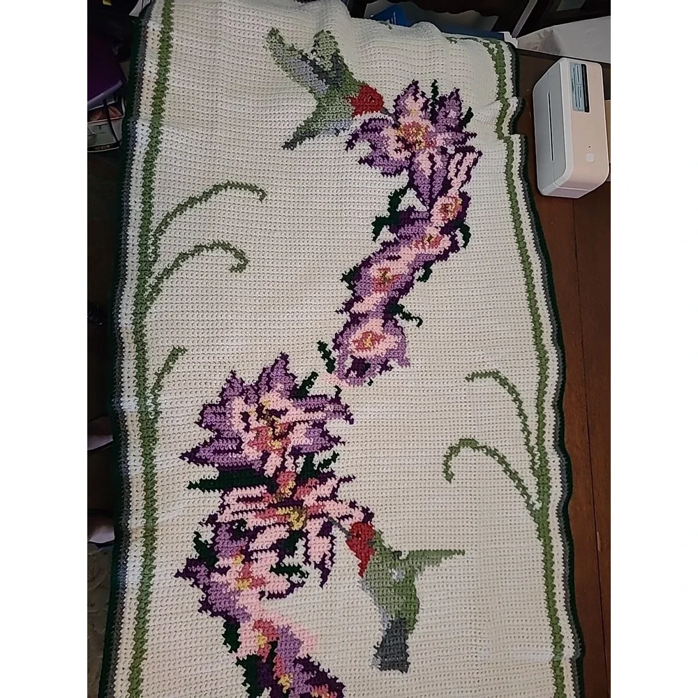Hand Knit Flowers And Hummingbirds Couch/Table Runnner 28 X 58 Purple Pink Green